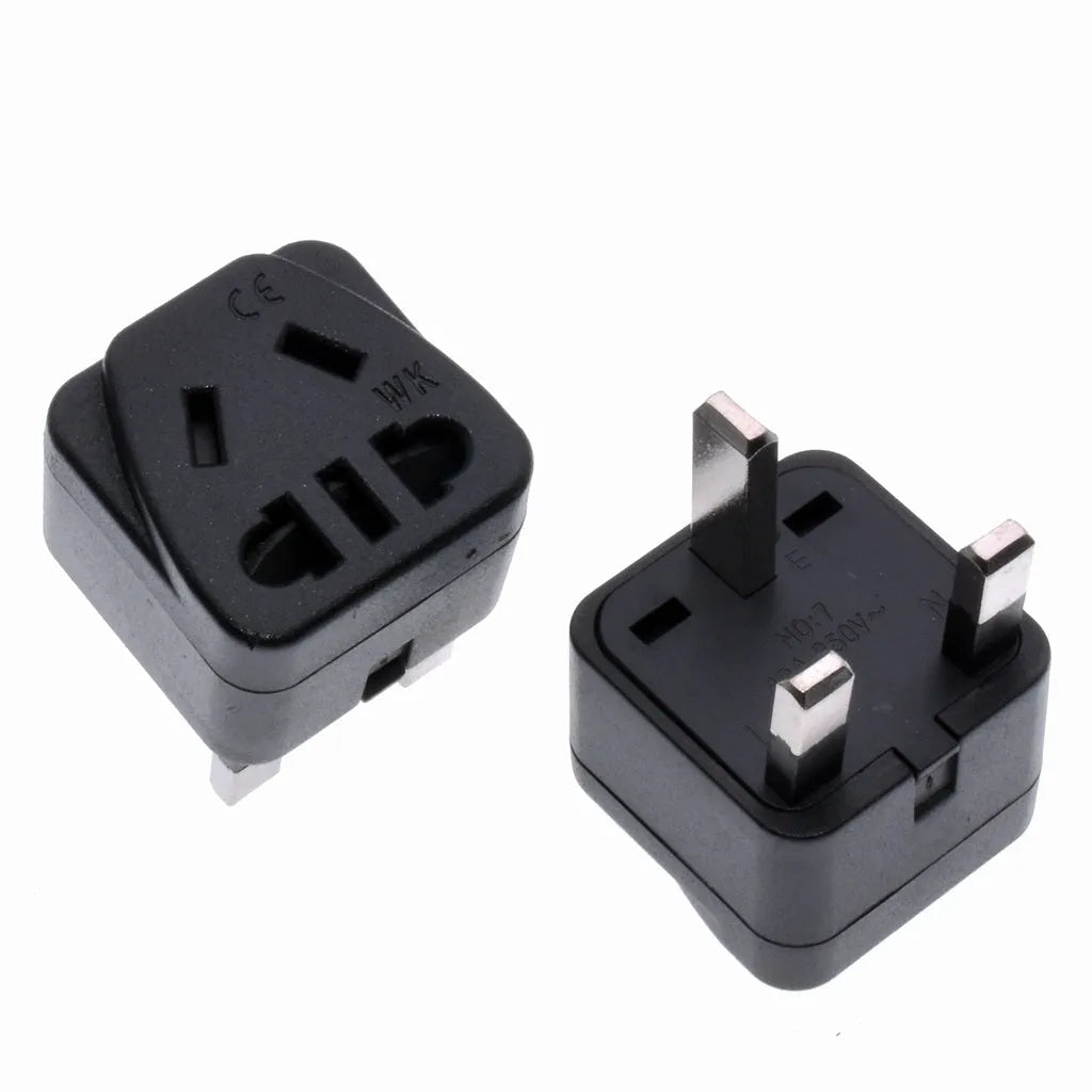 Square three plug international power adapter with five sockets in black or white