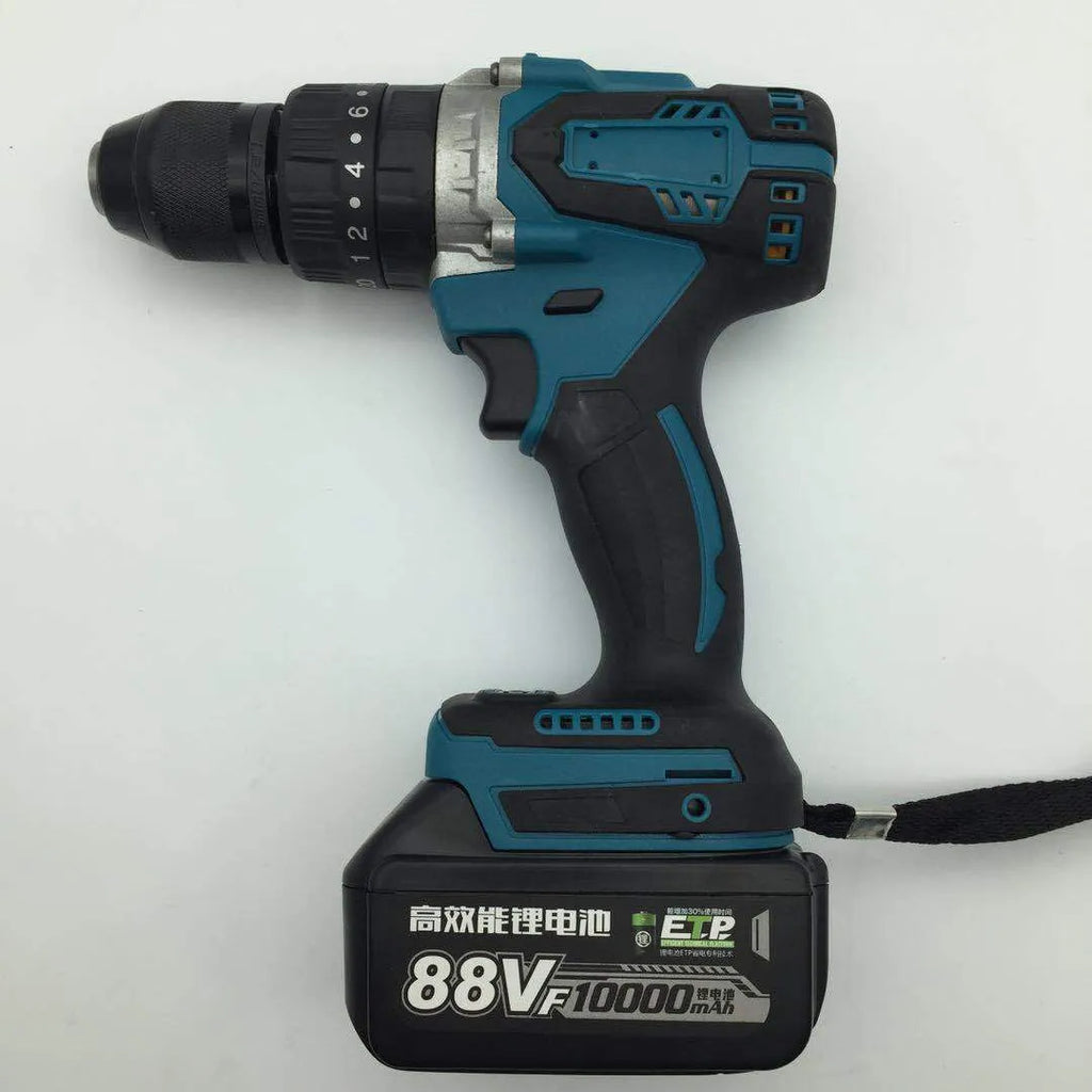 Black and yellow 21V cordless impact drill with a 13mm chuck, shown with a battery and drill bit.