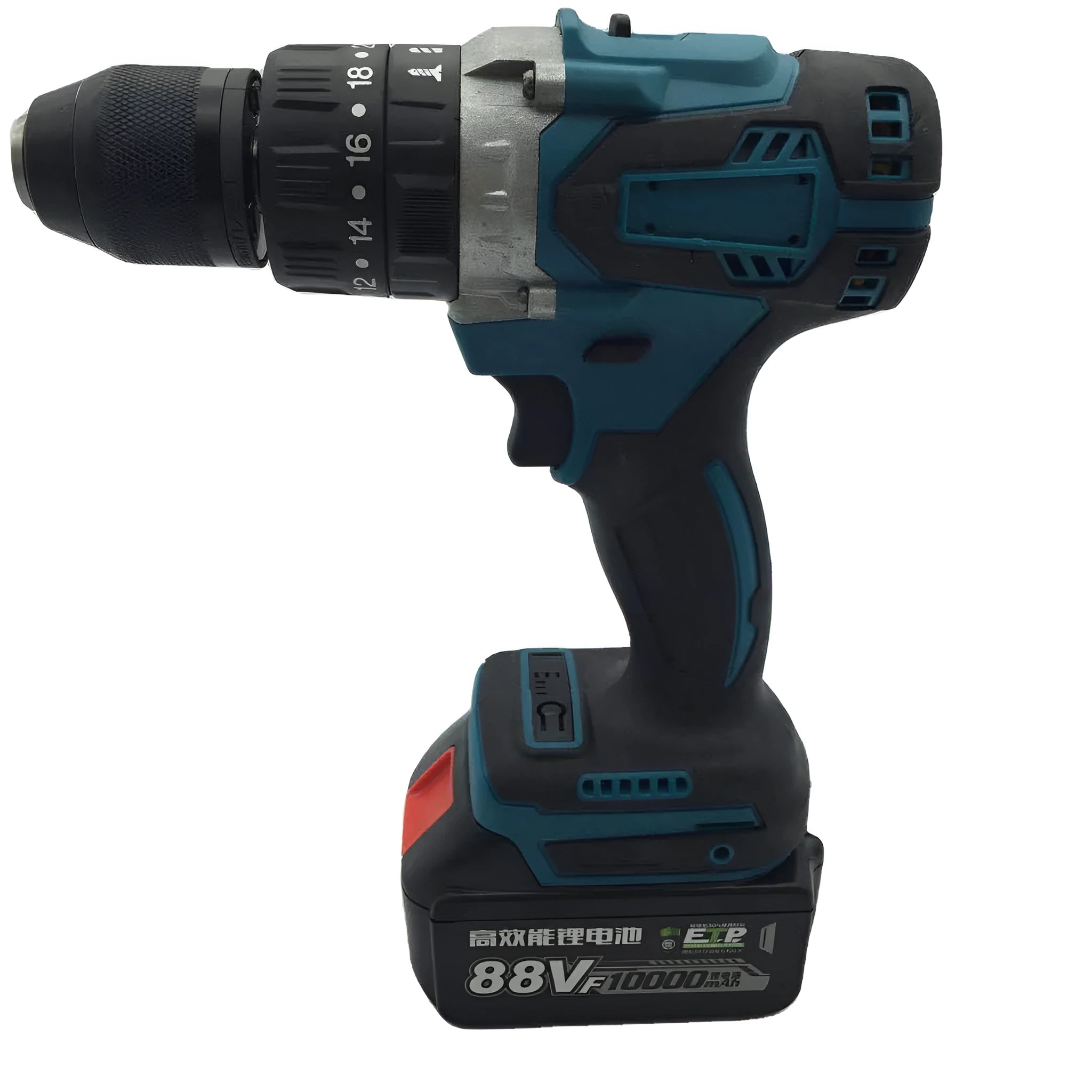 Black and yellow 21V cordless impact drill with a 13mm chuck, shown with a battery and drill bit.