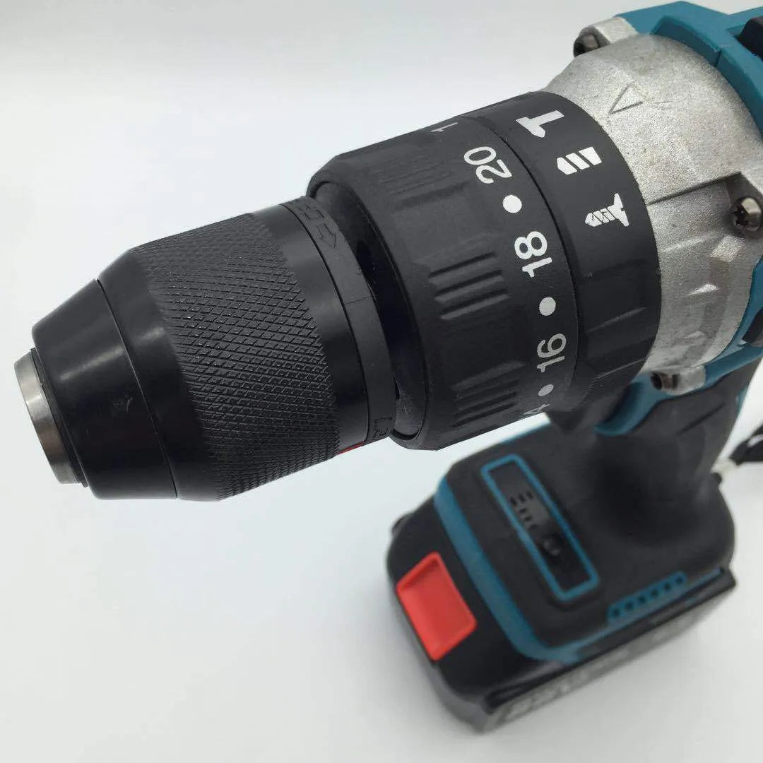 Black and yellow 21V cordless impact drill with a 13mm chuck, shown with a battery and drill bit.
