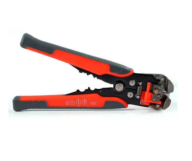 Yellow automatic wire stripper tool with crimping jaws and cutting blade