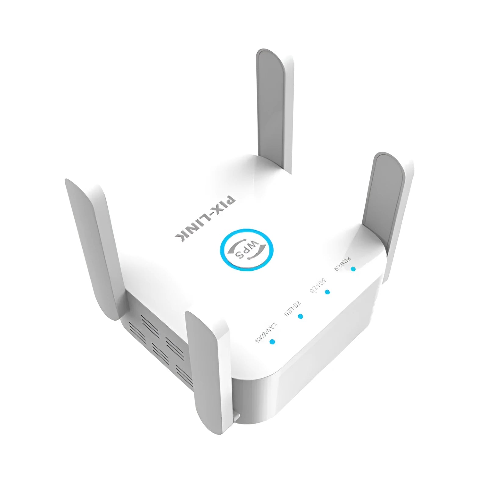 PIXLINK AC24 white dual-band wireless WiFi extender router with UK power plug on a wooden desk.