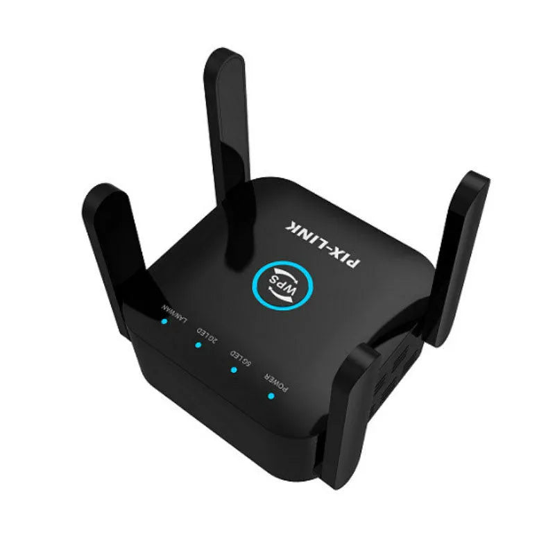PIXLINK AC24 white dual-band wireless WiFi extender router with UK power plug on a wooden desk.