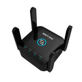 PIXLINK AC24 white dual-band wireless WiFi extender router with UK power plug on a wooden desk.