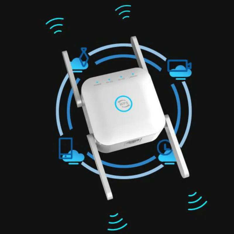 PIXLINK AC24 white dual-band wireless WiFi extender router with UK power plug on a wooden desk.