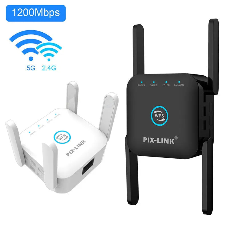 PIXLINK AC24 white dual-band wireless WiFi extender router with UK power plug on a wooden desk.