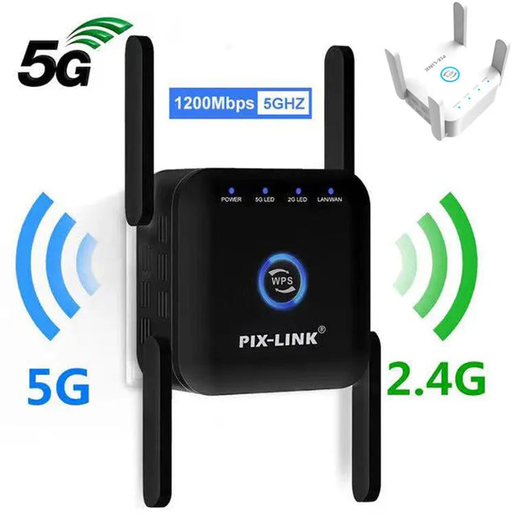 PIXLINK AC24 white dual-band wireless WiFi extender router with UK power plug on a wooden desk.