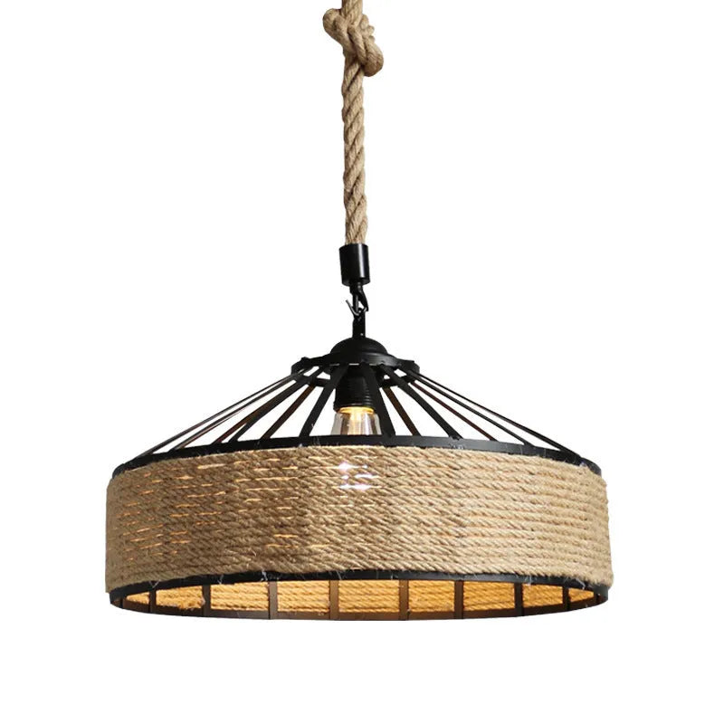Round American retro hemp rope chandelier with wrought iron shade and body
