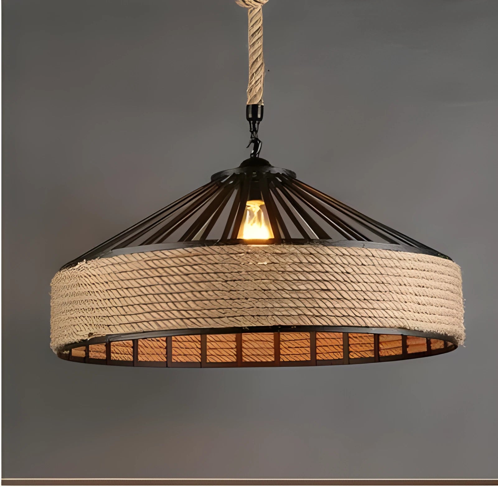 Round American retro hemp rope chandelier with wrought iron shade and body