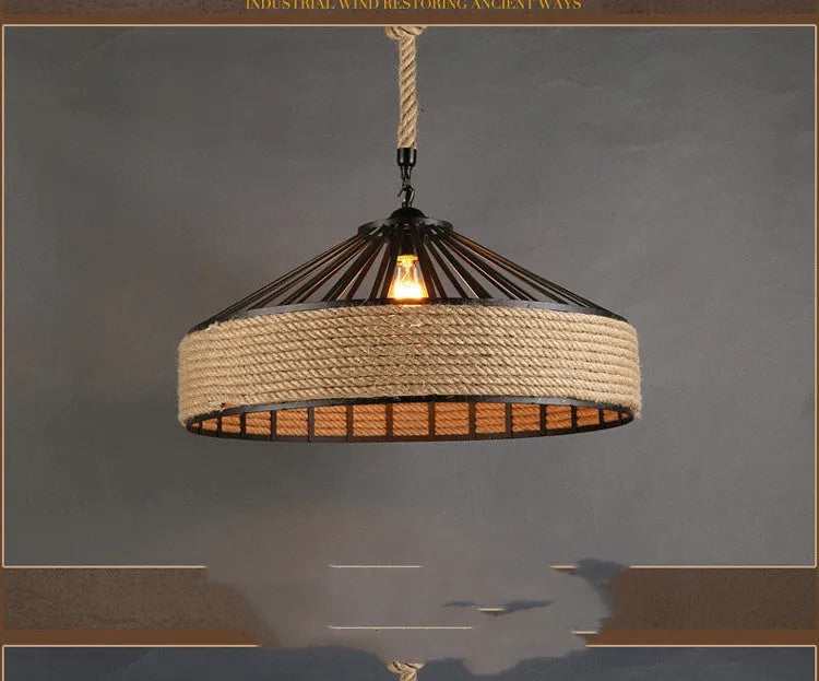 Round American retro hemp rope chandelier with wrought iron shade and body
