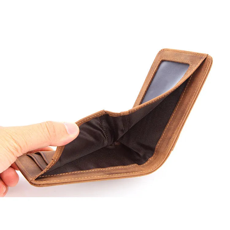 RFID men's leather wallet showing brown colour, card slots, and compact 11cm design