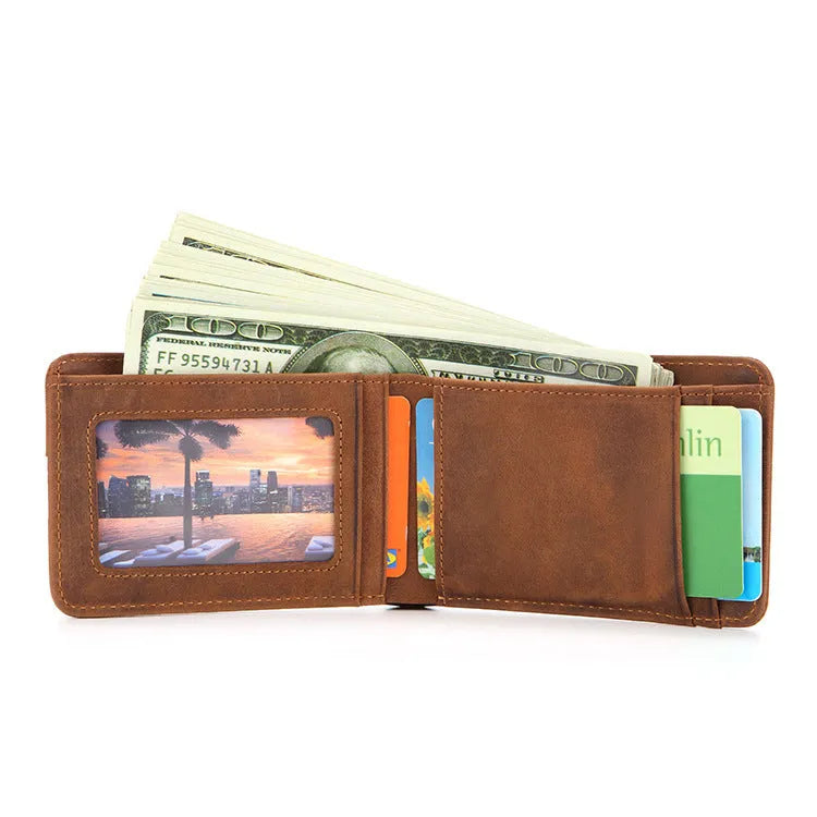RFID men's leather wallet showing brown colour, card slots, and compact 11cm design