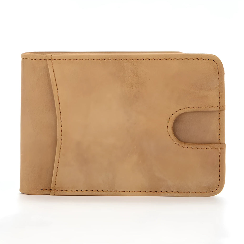 RFID men's leather wallet showing brown colour, card slots, and compact 11cm design