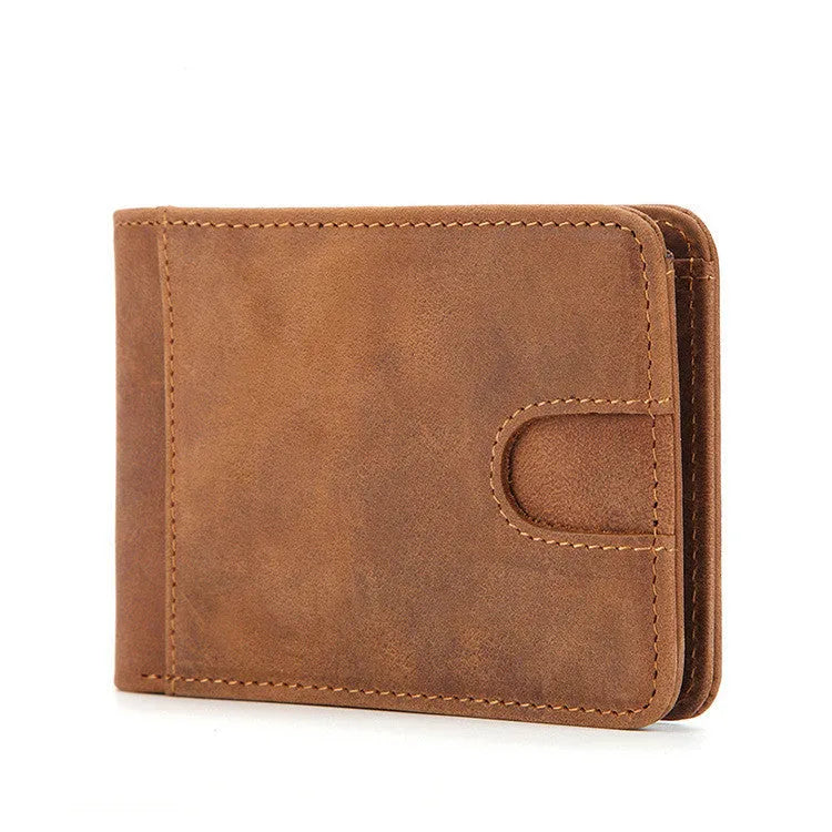 RFID men's leather wallet showing brown colour, card slots, and compact 11cm design