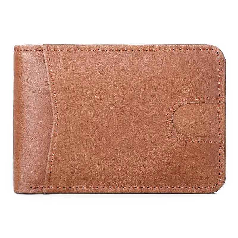 RFID men's leather wallet showing brown colour, card slots, and compact 11cm design