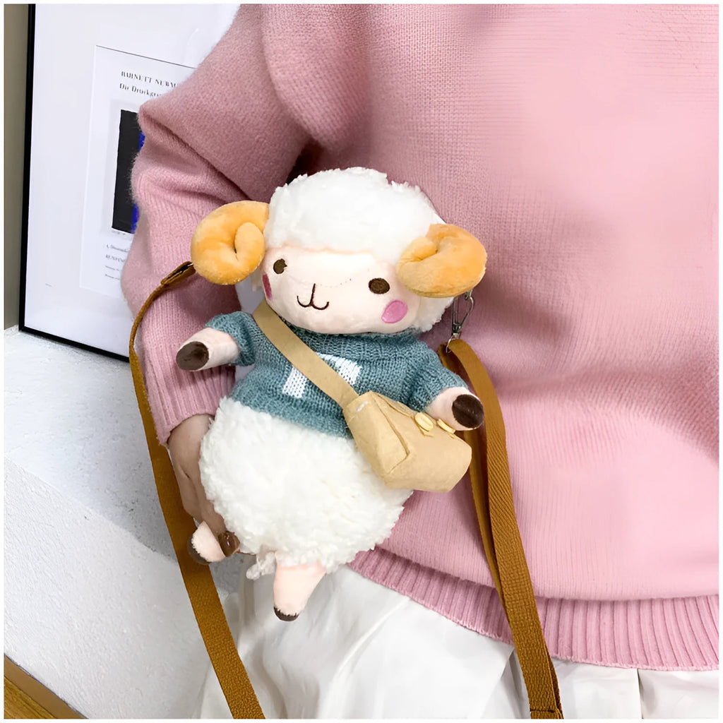 Little Sheep plush crossbody bag in blue with square shape and zip opening
