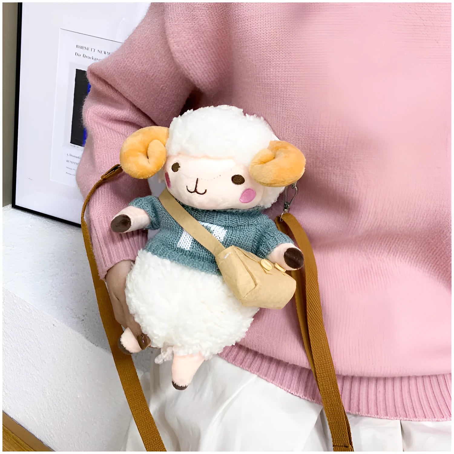 Little Sheep plush crossbody bag in blue with square shape and zip opening