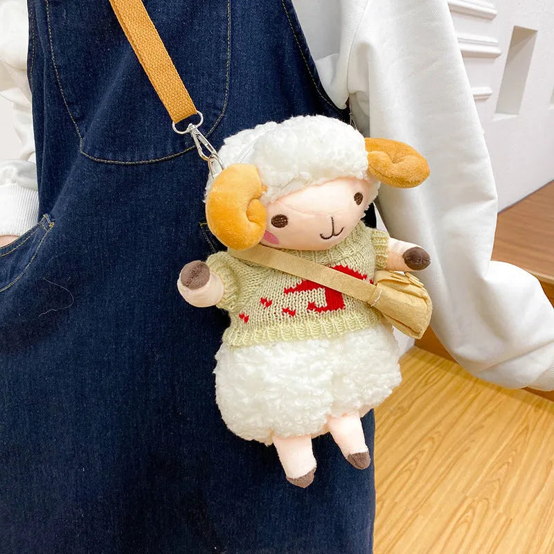 Little Sheep plush crossbody bag in blue with square shape and zip opening
