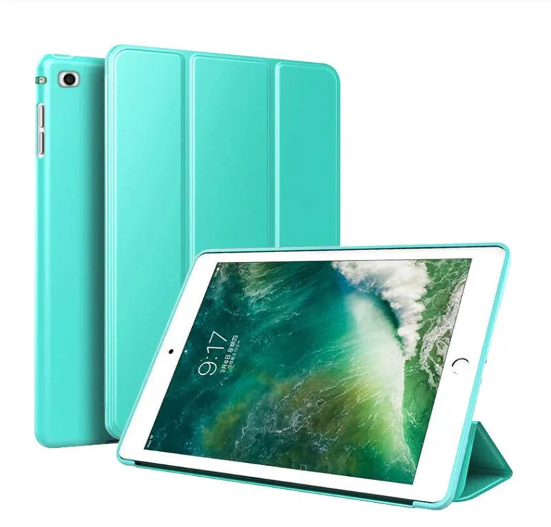 Black TPU clamshell case for 9.7-inch iPad with built-in stand function open to show interior