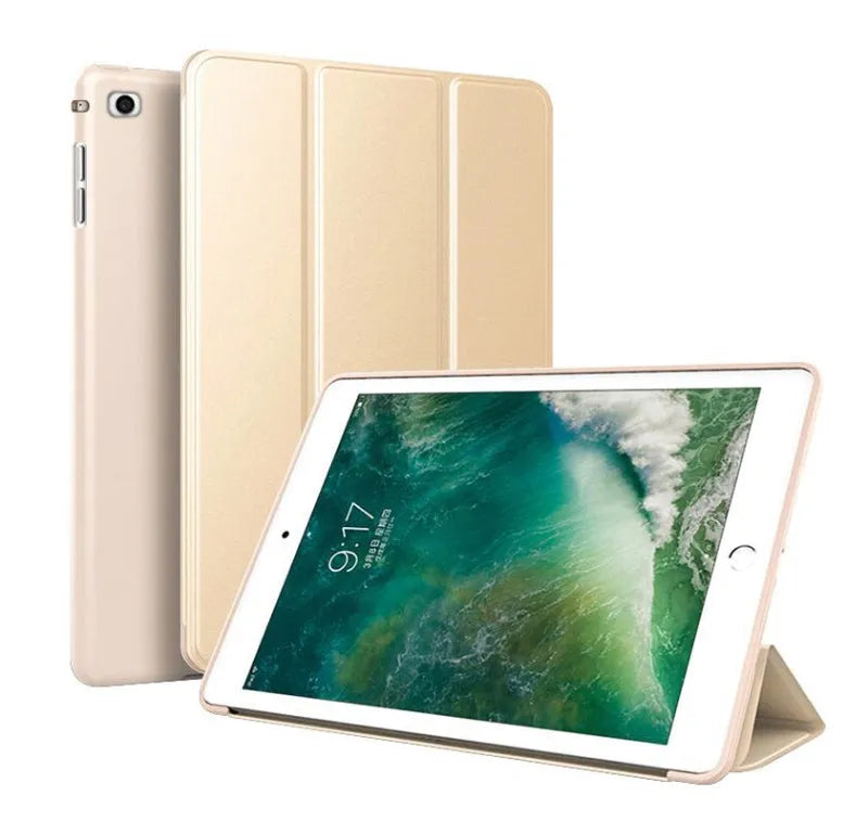 Black TPU clamshell case for 9.7-inch iPad with built-in stand function open to show interior
