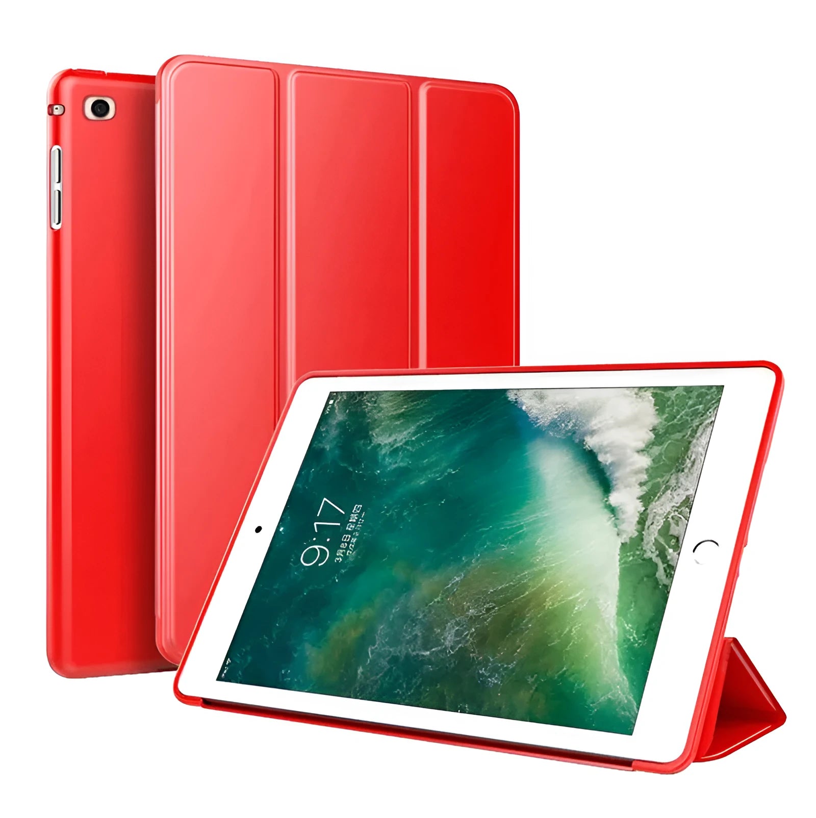 Black TPU clamshell case for 9.7-inch iPad with built-in stand function open to show interior