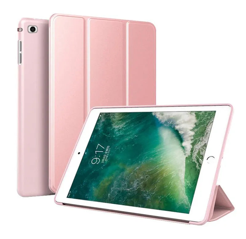 Black TPU clamshell case for 9.7-inch iPad with built-in stand function open to show interior