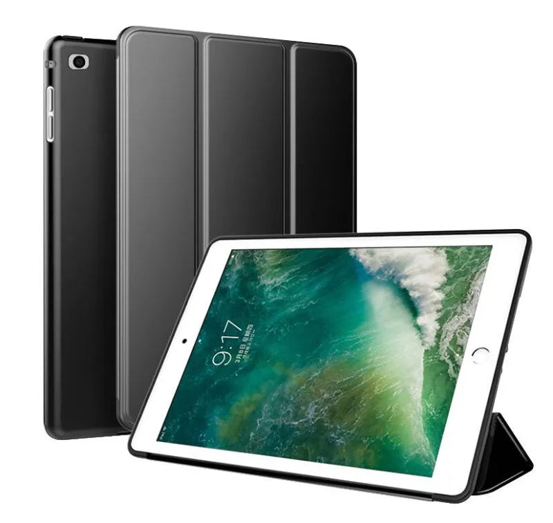 Black TPU clamshell case for 9.7-inch iPad with built-in stand function open to show interior