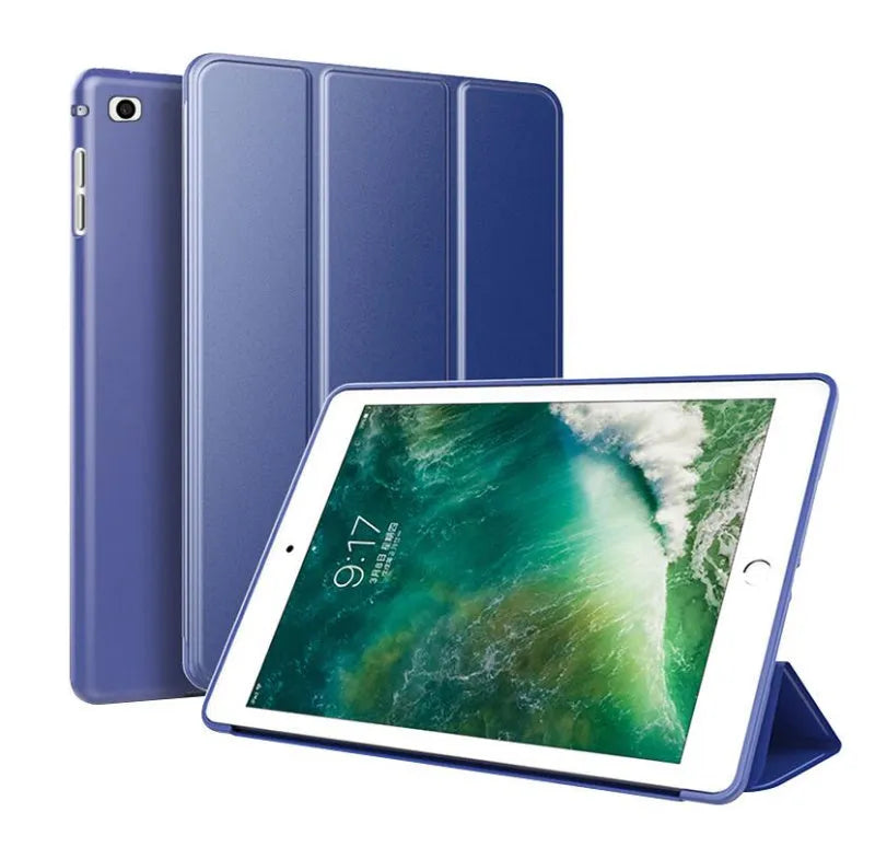 Black TPU clamshell case for 9.7-inch iPad with built-in stand function open to show interior