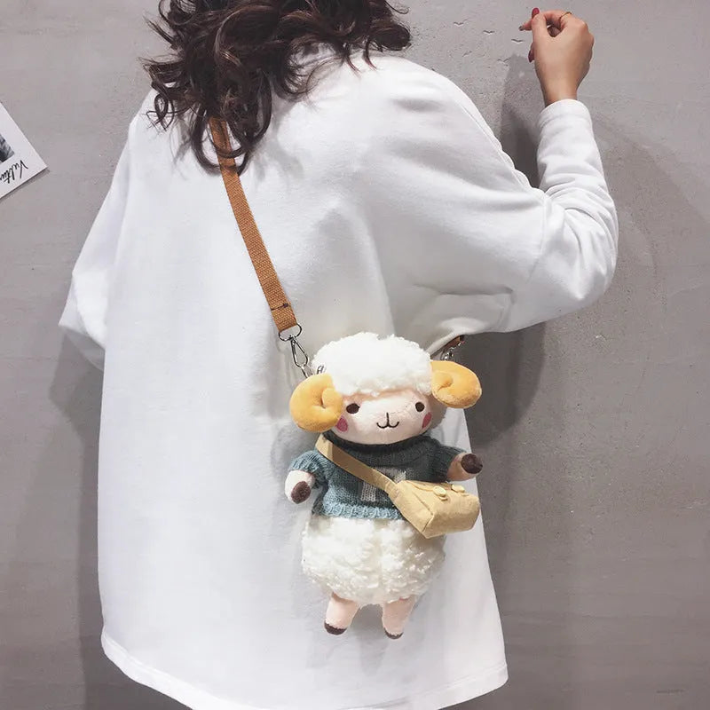 Little Sheep plush crossbody bag in blue with square shape and zip opening