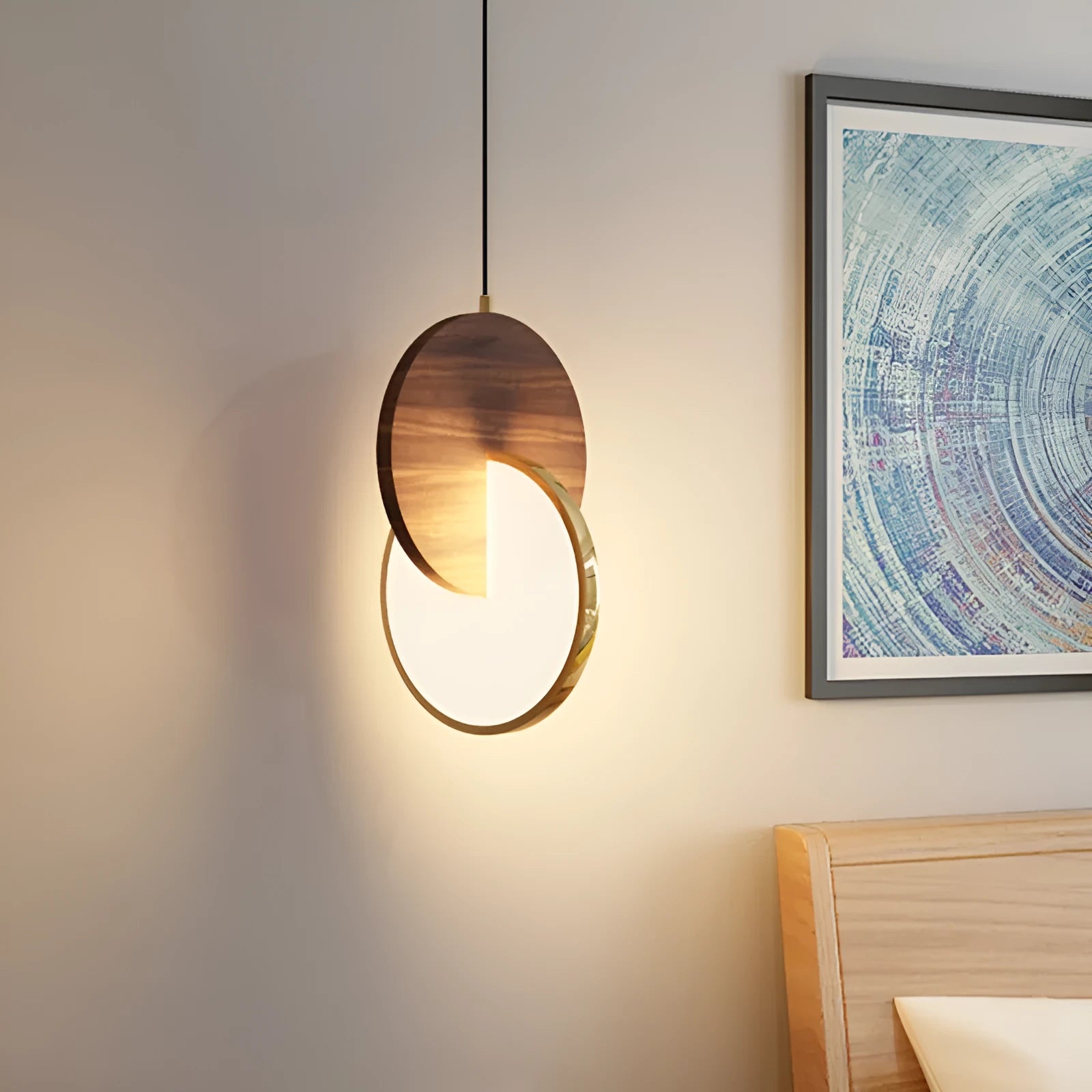 Long-line carved walnut wood wall chandelier emitting warm white light in a modern room setting.