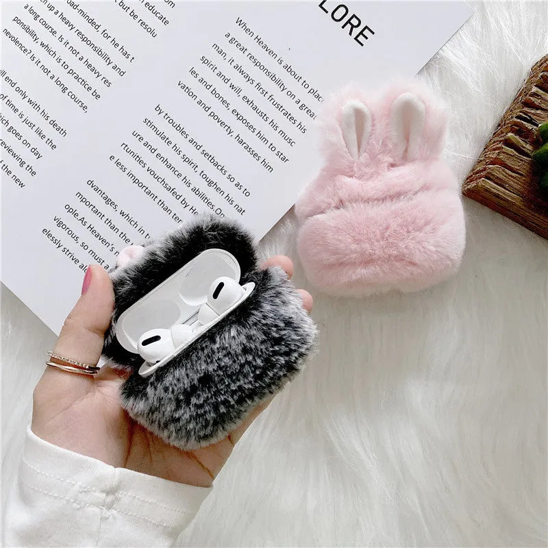 Plush silicone AirPods protective cover with rabbit ears design in pink and grey colours