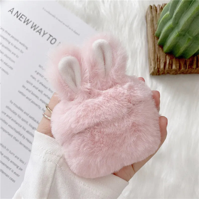 Plush silicone AirPods protective cover with rabbit ears design in pink and grey colours