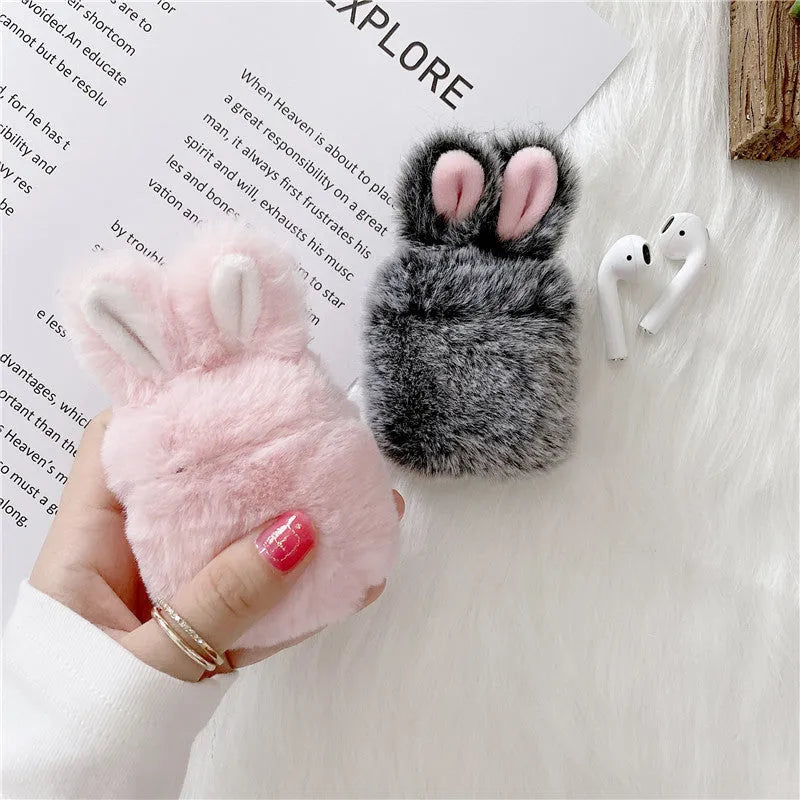 Plush silicone AirPods protective cover with rabbit ears design in pink and grey colours