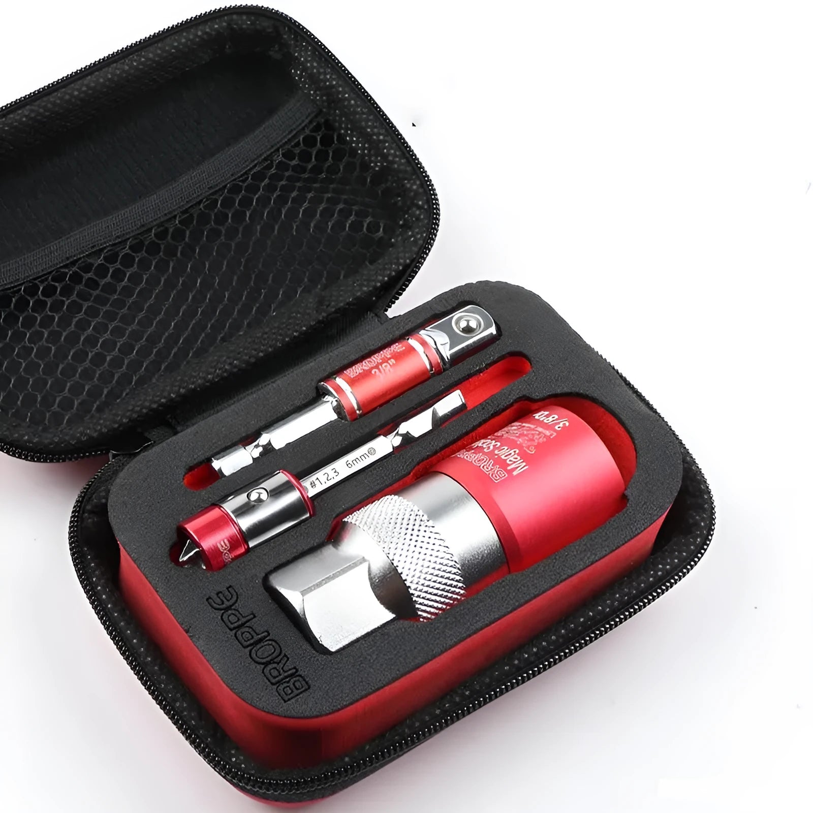 Red metric socket wrench set with 7-19mm and 9-21mm universal sockets