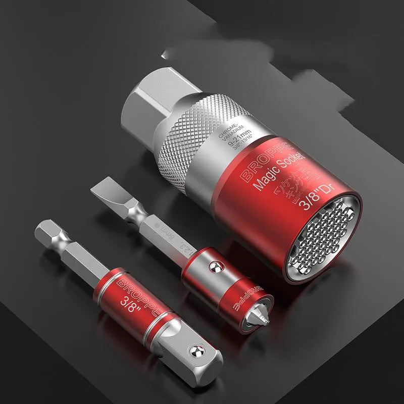 Red metric socket wrench set with 7-19mm and 9-21mm universal sockets