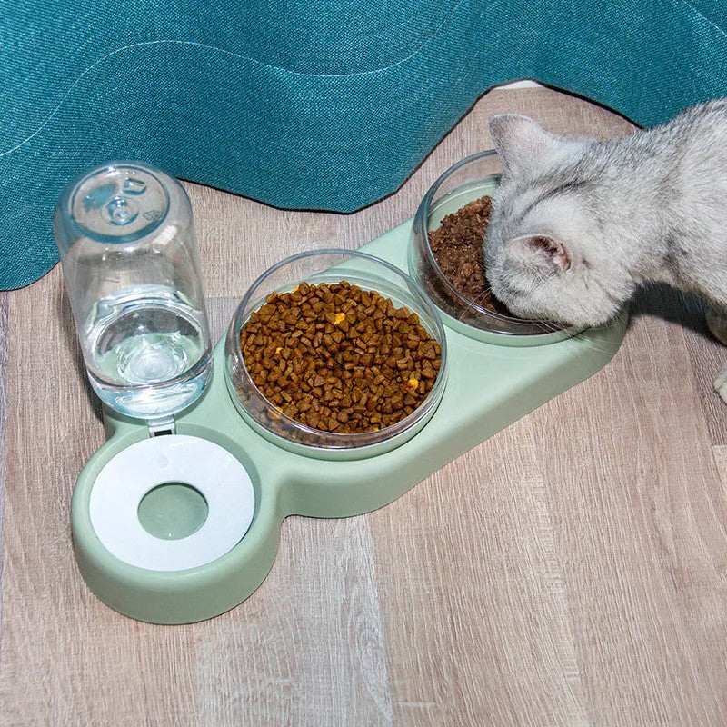 Automatic pet feeder double bowl with water fountain and raised stand in grey colour