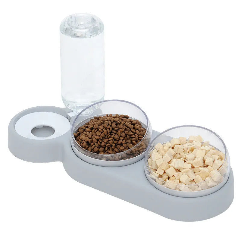 Automatic pet feeder double bowl with water fountain and raised stand in grey colour