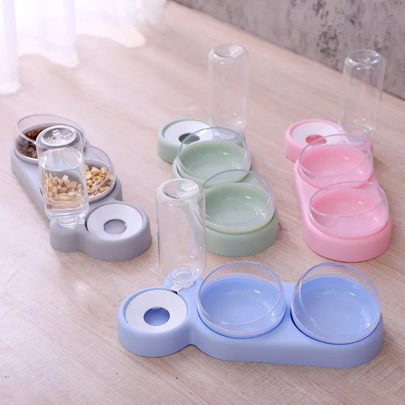 Automatic pet feeder double bowl with water fountain and raised stand in grey colour