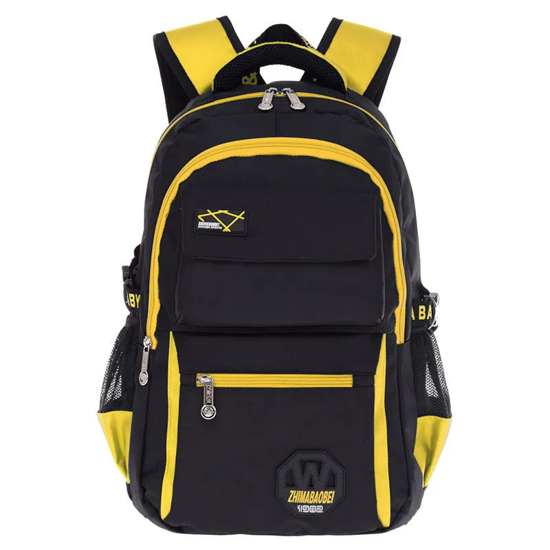 Green waterproof nylon school bag for students with multiple compartments on a white background.