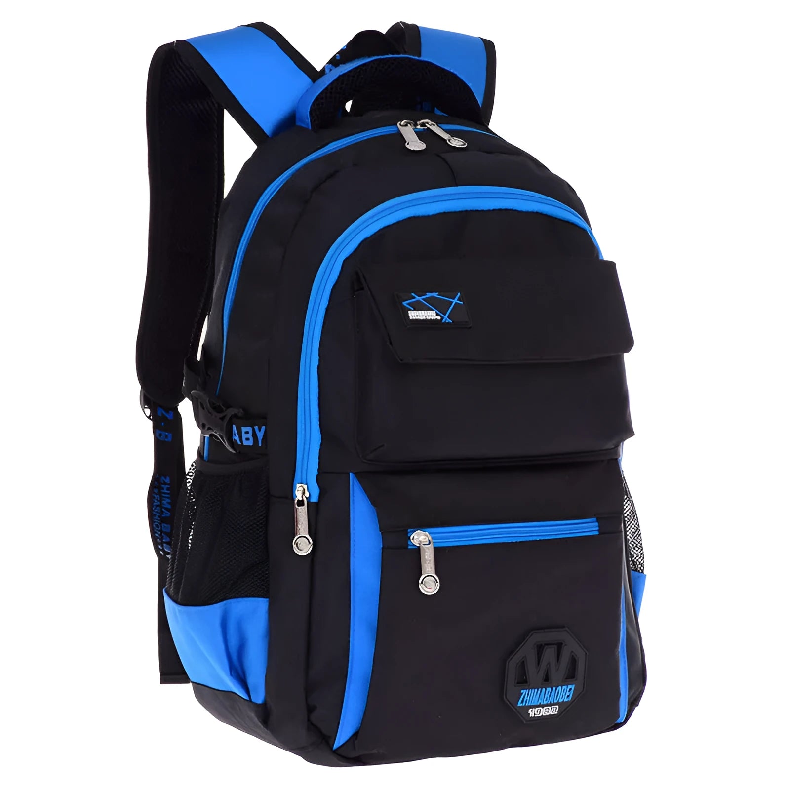 Green waterproof nylon school bag for students with multiple compartments on a white background.