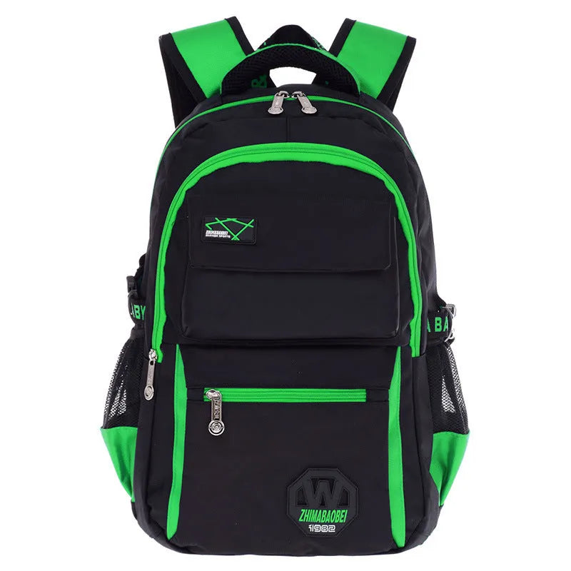 Green waterproof nylon school bag for students with multiple compartments on a white background.