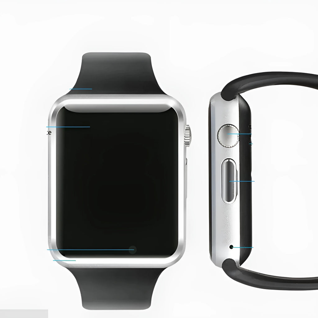 A1 GSM smart watch for Android with camera on a 1.54-inch screen, shown in various colours.