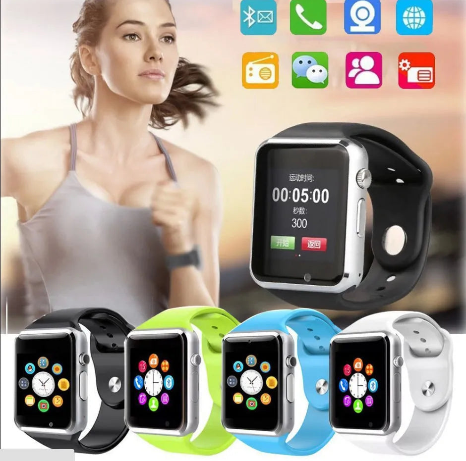 A1 GSM smart watch for Android with camera on a 1.54-inch screen, shown in various colours.
