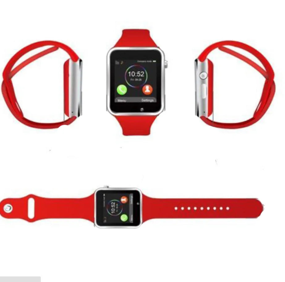 A1 GSM smart watch for Android with camera on a 1.54-inch screen, shown in various colours.