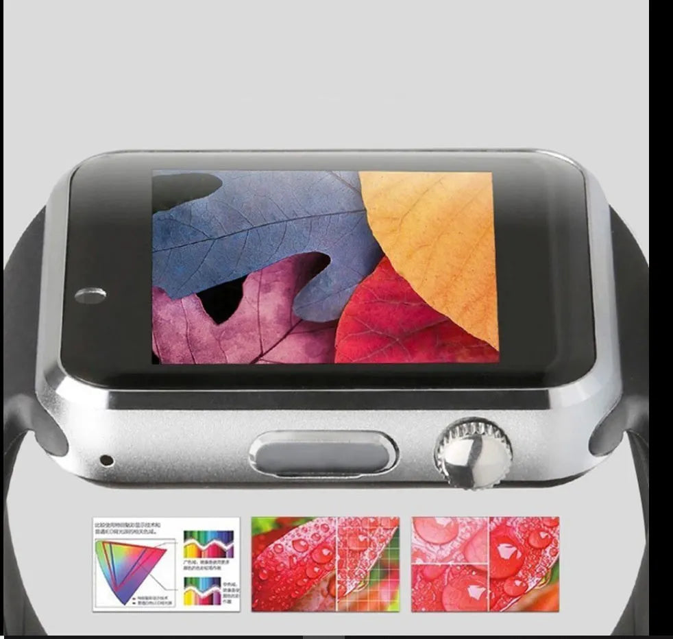 A1 GSM smart watch for Android with camera on a 1.54-inch screen, shown in various colours.