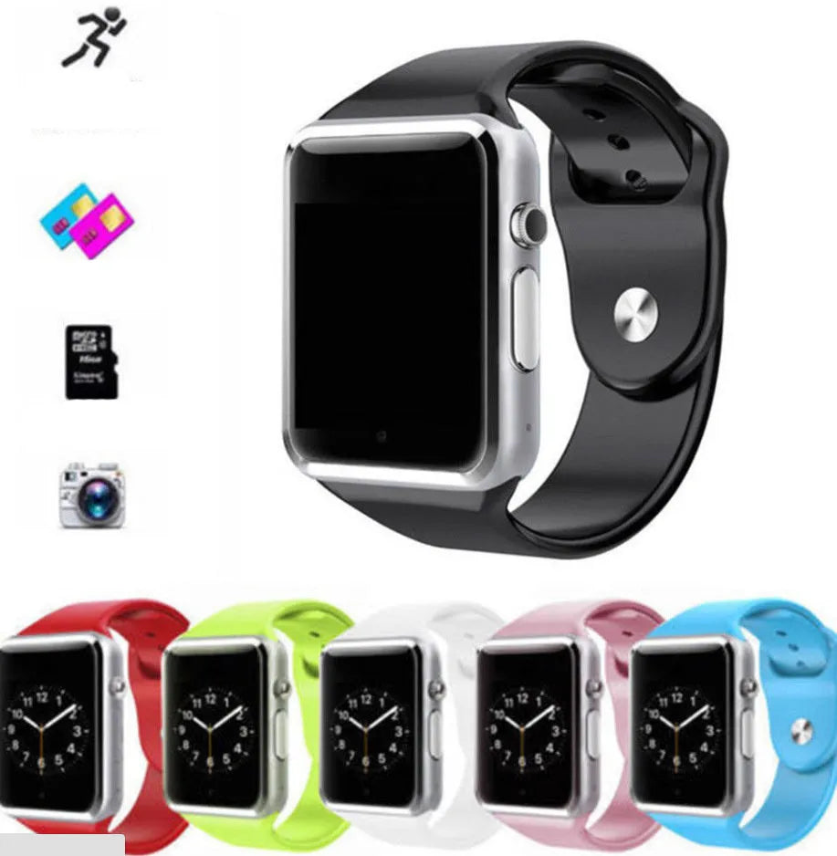 A1 GSM smart watch for Android with camera on a 1.54-inch screen, shown in various colours.