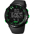 Round sports electronic watch with 50mm dial, rubber strap, and digital display, available in multiple colours