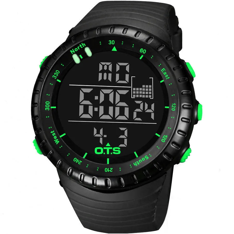 Round sports electronic watch with 50mm dial, rubber strap, and digital display, available in multiple colours