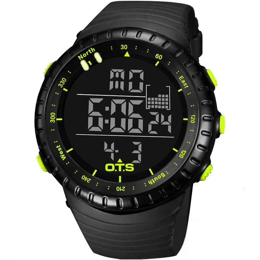 Round sports electronic watch with 50mm dial, rubber strap, and digital display, available in multiple colours