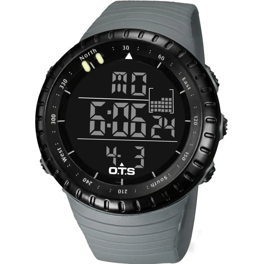 Round sports electronic watch with 50mm dial, rubber strap, and digital display, available in multiple colours